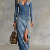 Amalia | Denim Maxi Dress with V-Neck