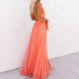 Coralie | Coral V-Neck Tulle Maxi Dress