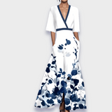 Eliana | White Blue-Floral V-Neck Dress