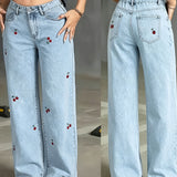 Ruby | Light Blue Embroidered Wide-Leg Jeans