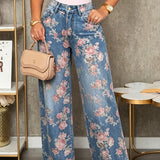 Olivia | Blue Pink Floral Wide-Leg Jeans
