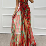 Mia | Blue Abstract Draped Maxi Dress
