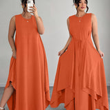Amandine | Beige Belted Asymmetric Dress
