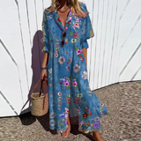 Marissa | Blue Leaf-Print Button Dress