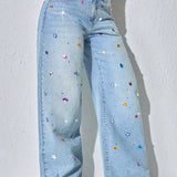 Maya | Light Blue Colourful Embellished Jeans