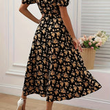 Fleur | Black Pink-Floral Midi Dress