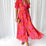 Solene | Red Floral Ruffle-Sleeve Dress