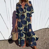 Marissa | Blue Leaf-Print Button Dress