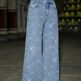 Ella | Blue Embellished Wide-Leg Jeans