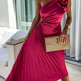 Eya | Fuchsia Rosette Pleated Midi Dress