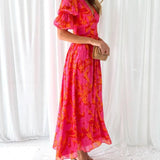 Solene | Red Floral Ruffle-Sleeve Dress