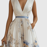 Rowella | Ivory Blue-Floral Pleated Dress