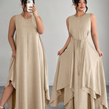 Amandine | Beige Belted Asymmetric Dress