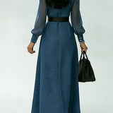 Sina | Denim Maxi Dress with Patchwork and Organza Sleeves