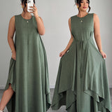 Amandine | Beige Belted Asymmetric Dress
