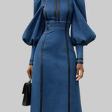 Nela | Patchwork Dress with Contrast Look and Lantern Sleeves