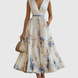 Rowella | Ivory Blue-Floral Pleated Dress