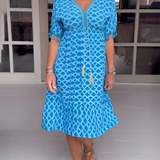 Felicity | Blue Geometric V-Neck Dress