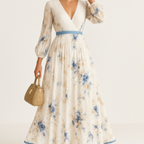 Paz | Ivory Blue-Floral V-Neck Dress