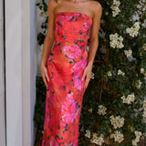 Gilat | Coral Floral Strapless Midi Dress