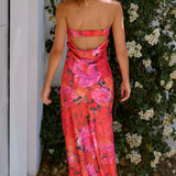 Gilat | Coral Floral Strapless Midi Dress