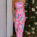 Gilat | Coral Floral Strapless Midi Dress