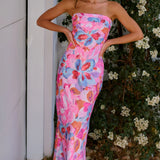 Gilat | Coral Floral Strapless Midi Dress