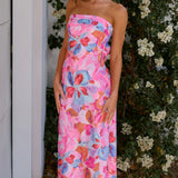 Gilat | Coral Floral Strapless Midi Dress