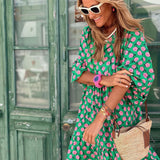 Galilea | Green Geometric V-Neck Maxi Dress