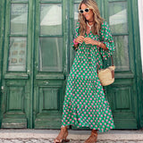 Galilea | Green Geometric V-Neck Maxi Dress