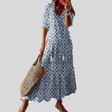 Michaela | Blue White-Print Maxi Dress