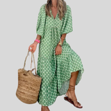 Galilea | Green Geometric V-Neck Maxi Dress