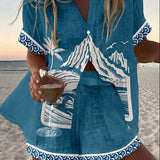 Baila | Blue Embroidered Shirt & Shorts Set