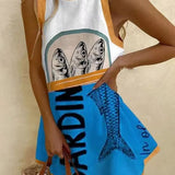 Aila | White Fish Print Top & Shorts Set