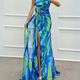 Mia | Blue Abstract Draped Maxi Dress