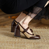Yvonne | Brown T-Bar Block-Heel Pumps