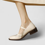 Ruth | Beige Brogue Mary Jane Pumps