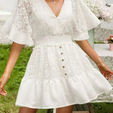 Carole | White Lace Flutter-Sleeve Dress