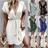 Sabrina | White Drawstring V-Neck Dress