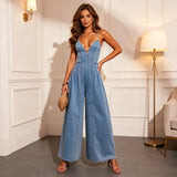 Francesca | Wide Denim Jumpsuit with Straps