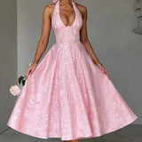 Clara | Pink Lace Halter Midi Dress