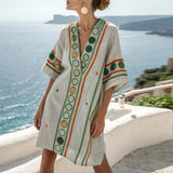 Demi | Cream Green-Trim Kaftan Dress