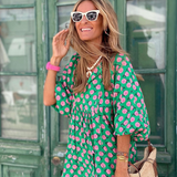 Galilea | Green Geometric V-Neck Maxi Dress