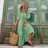Galilea | Green Geometric V-Neck Maxi Dress