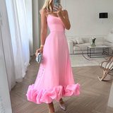 Elise | Pink Ruffle-Hem Strap Dress