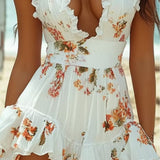 Flora | White Floral Ruffle V-Neck Dress