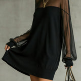 Lana | Black Sheer-Sleeve High-Neck Dress