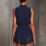 Nadia | Navy Lace-Trim V-Neck Romper