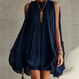 Indigo | Navy Ruffle-Hem Halter Dress