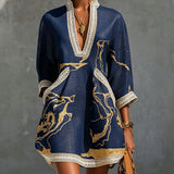 Marina | Navy Gold-Print V-Neck Dress